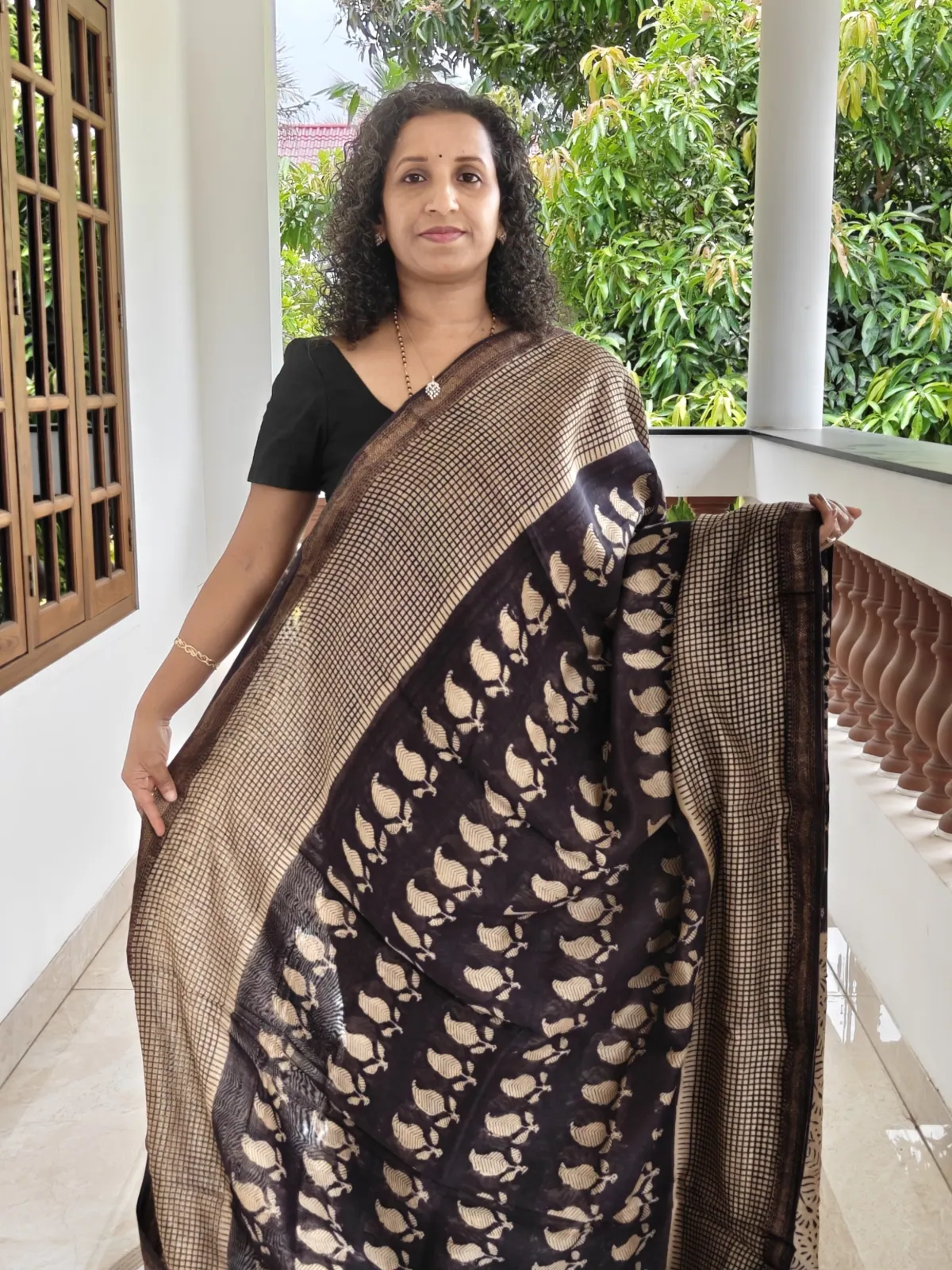 Maheswari Silk Saree Black Leaf and Checks design